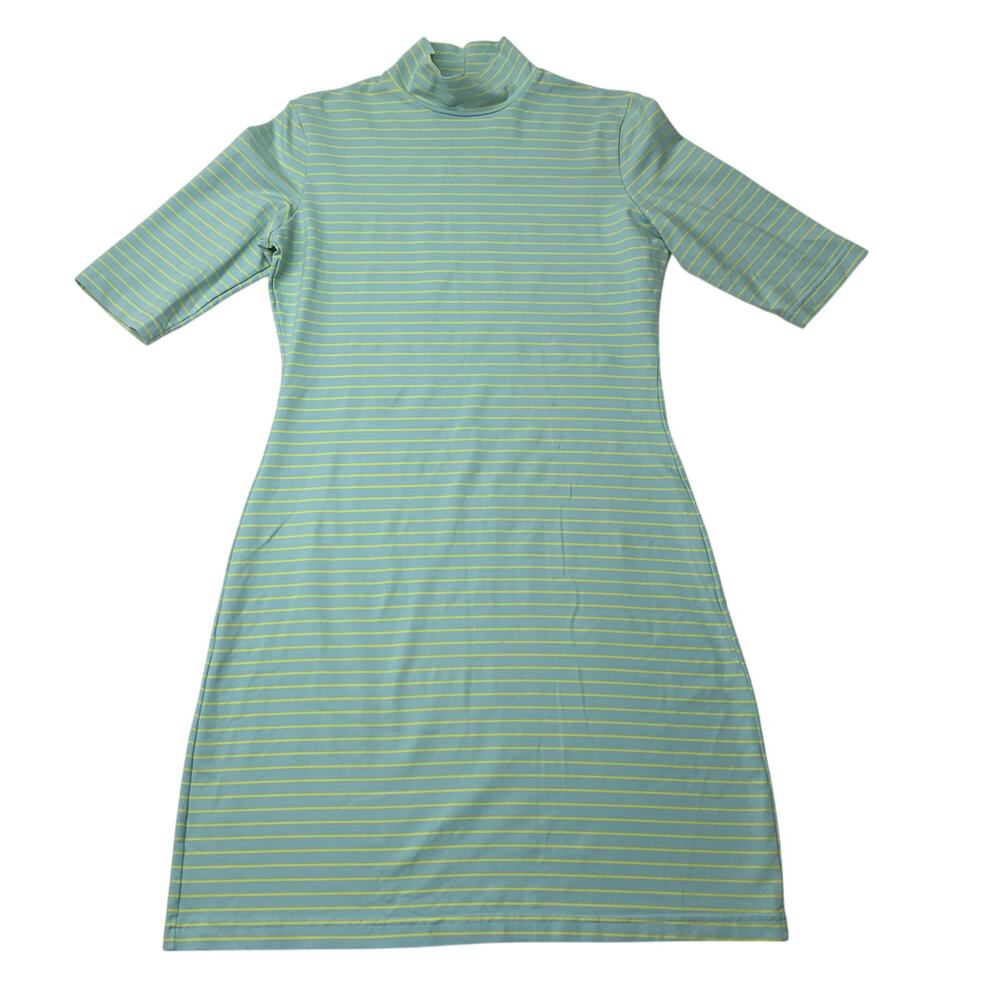 VTG 90s Y2K Isaac Womens Sz Medium Teal Yellow Striped Body Con Cling Dress